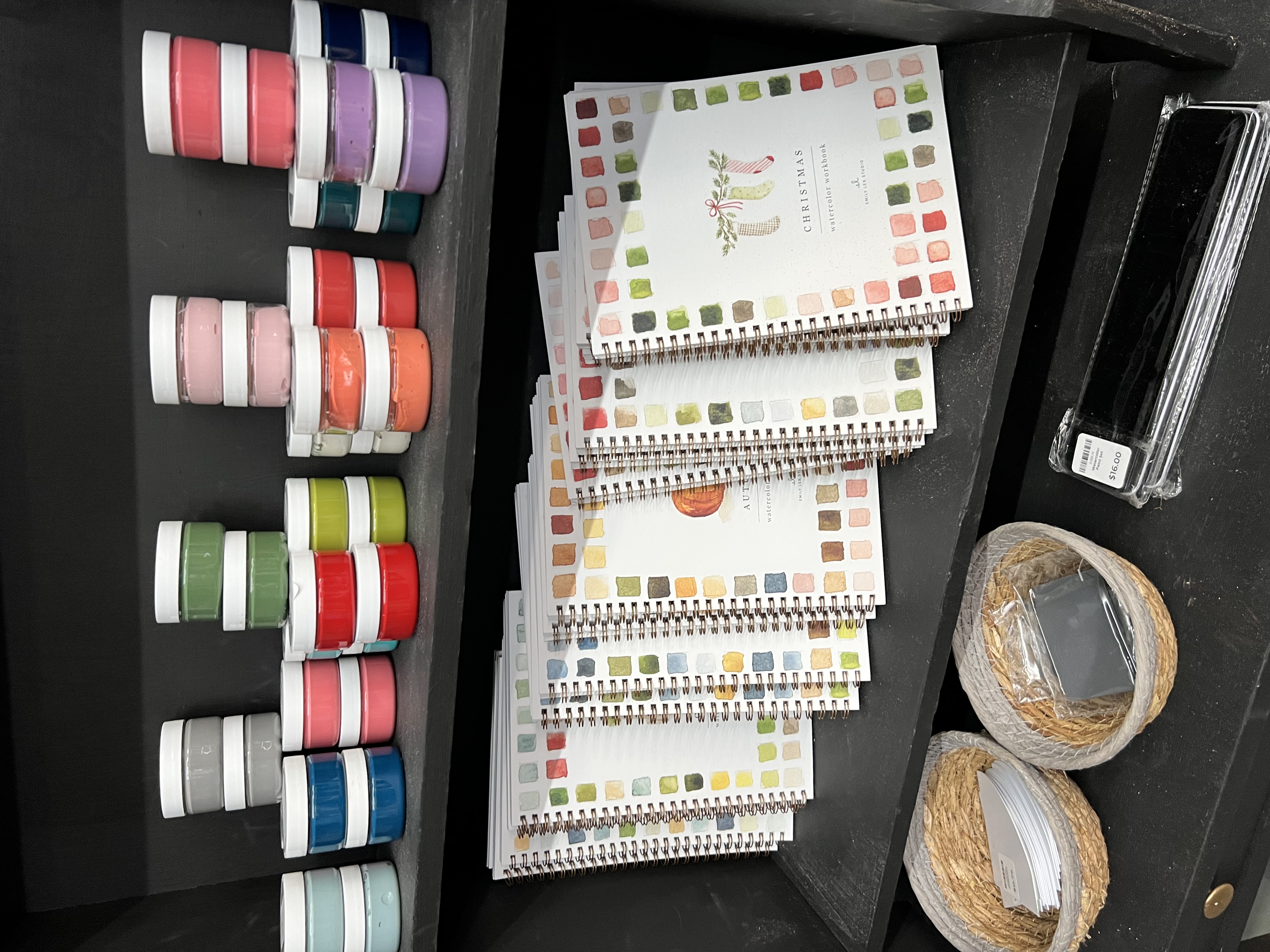 Group painting session with women working on black-and-white animal portraits.