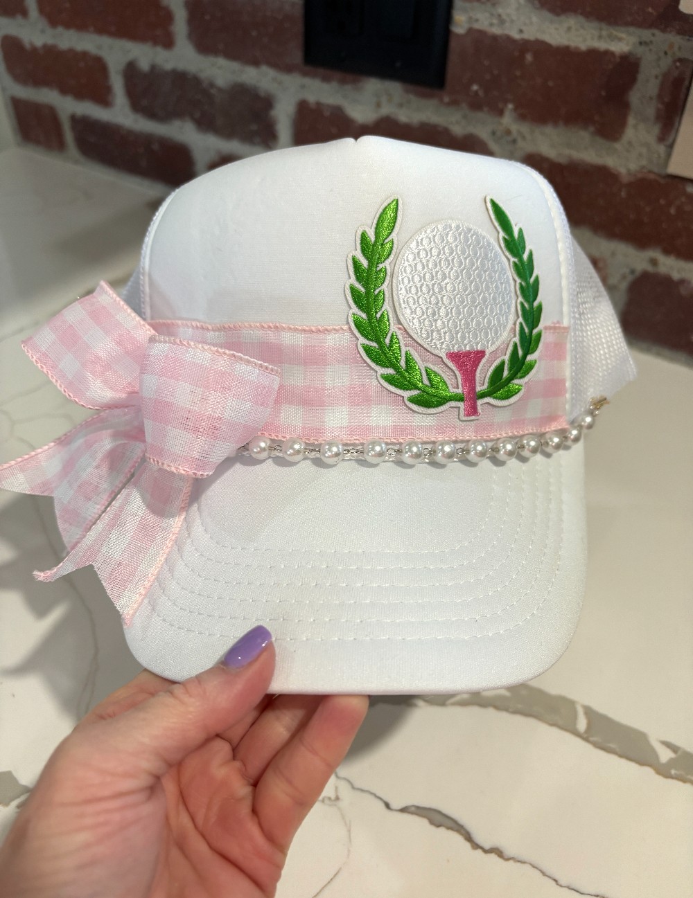 White Golf Pink Gingham Bow Trucker Hat