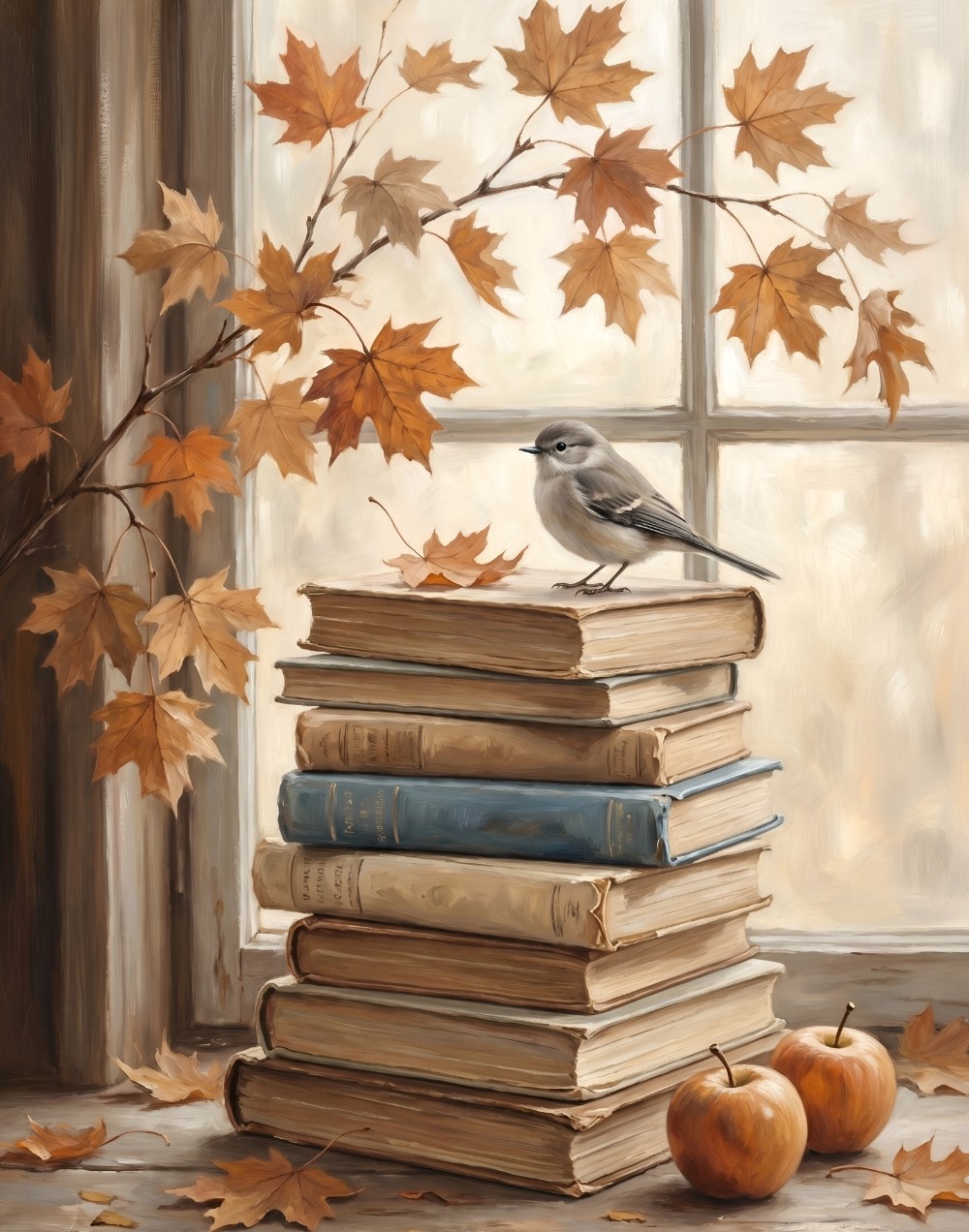 Fall Bird Book Stack 11 x 14 flat Canvas