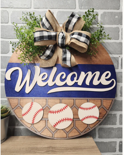 Baseball Welcome Door Sign w/bow and greenery