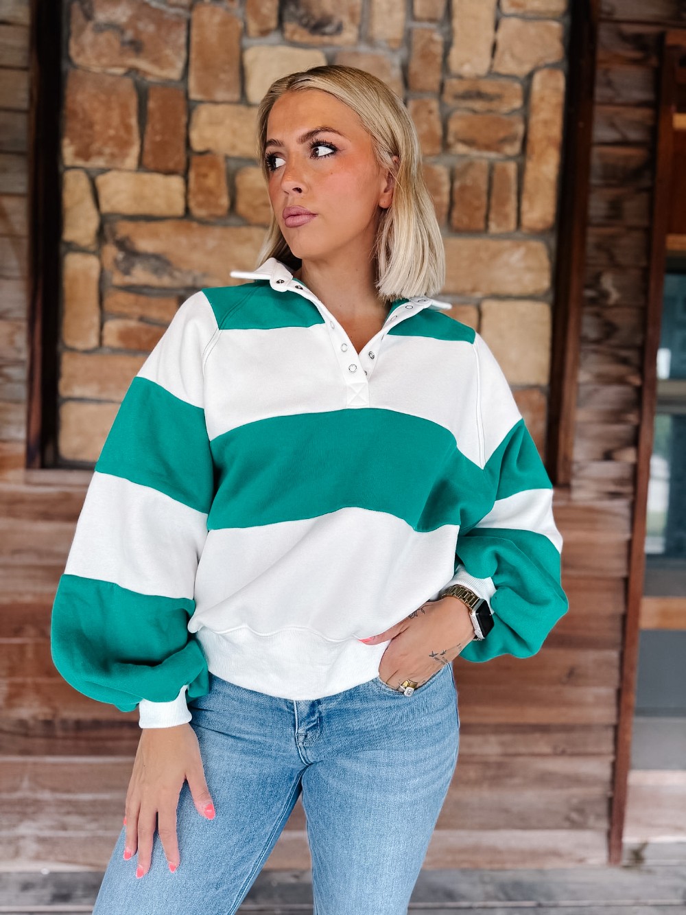 Stripe Down Rugby Pullover, Green