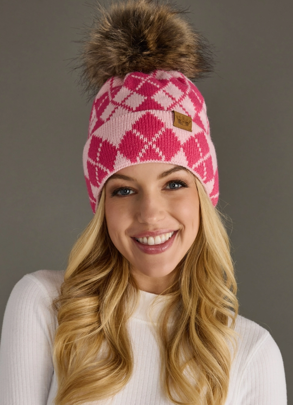 Pink & Blush Argyle Pom Beanie