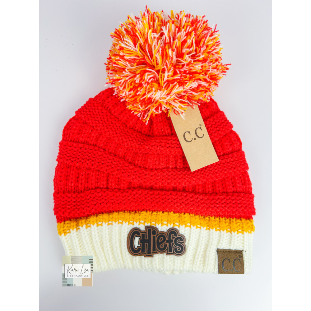 KC Inspired CC Beanie (Chiefs Patch) Stocking Hat with Pom.