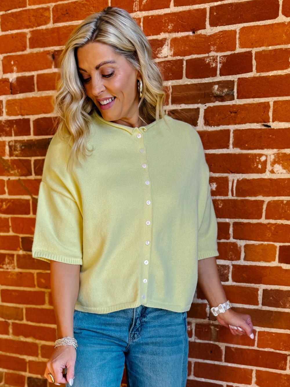 The Soft Landing Button Down Half Sleeve Cardigan, Butter Yellow