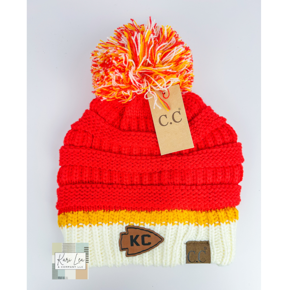 KC Inspired CC Beanie (KC Arrowhead Patch) Stocking Hat with Pom.