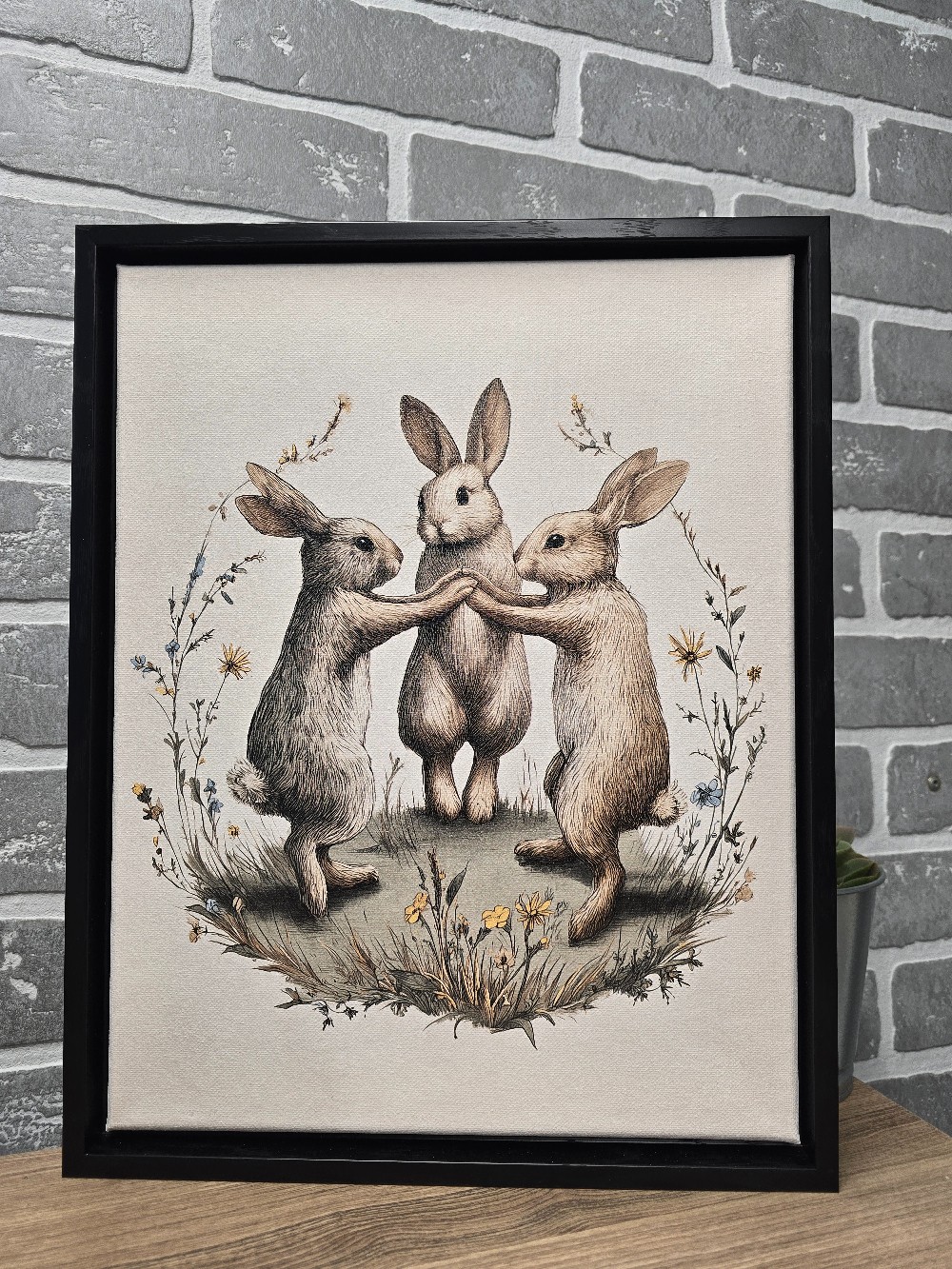 Dancing Bunnies Framed 11 x 14 Black Canvas