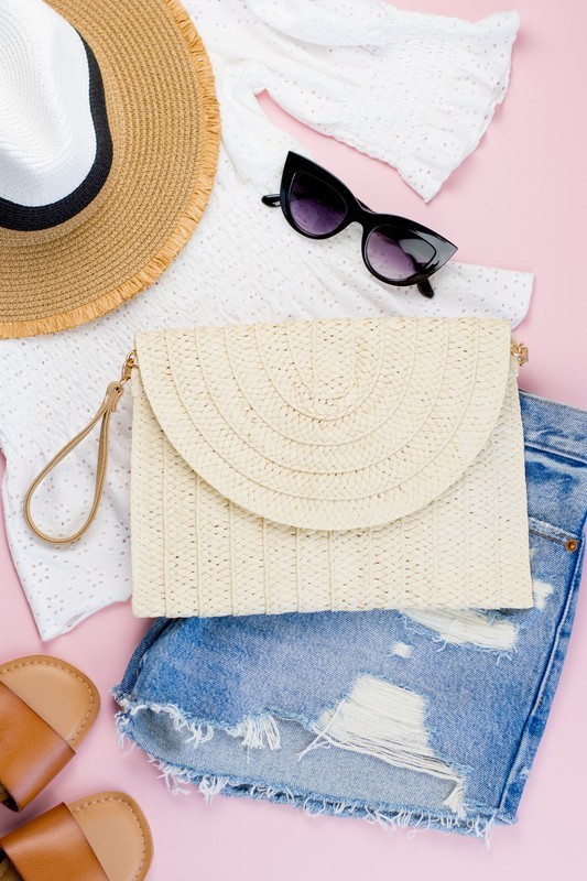 Straw Foldover Crossbody Clutch