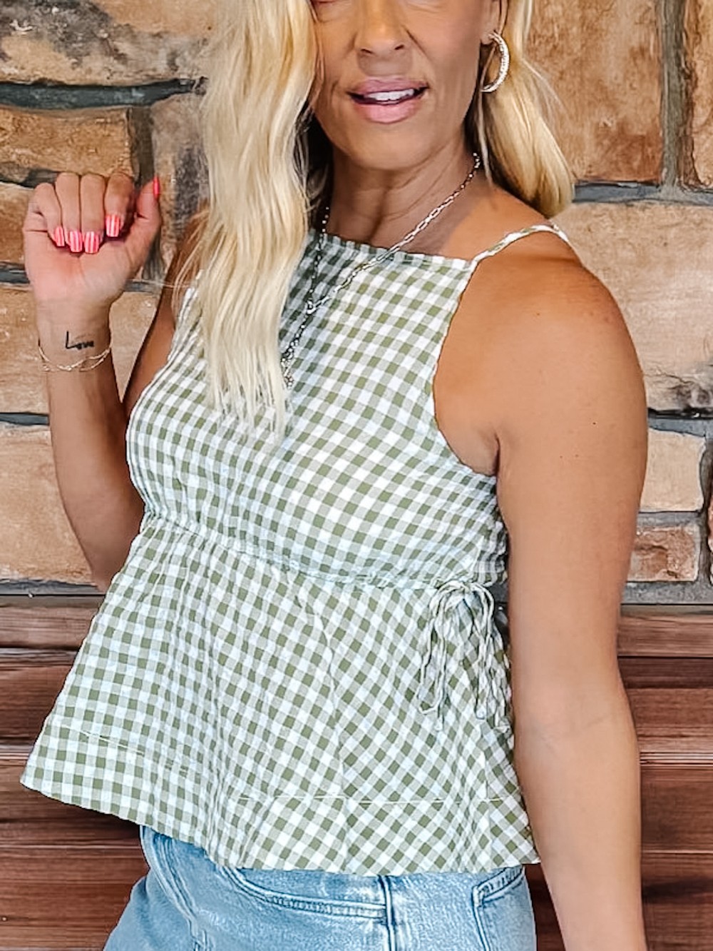 Sunny Orchard Gingham Peplum Tank Top with Side Tie Detail, Green
