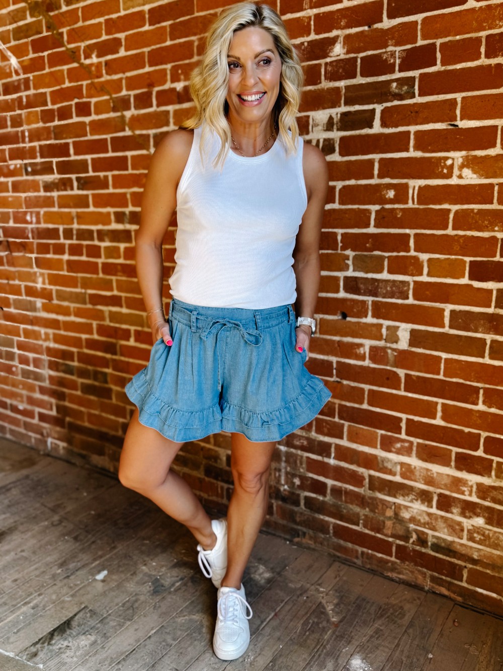 Denim Ruffle Tier Shorts, Light Denim