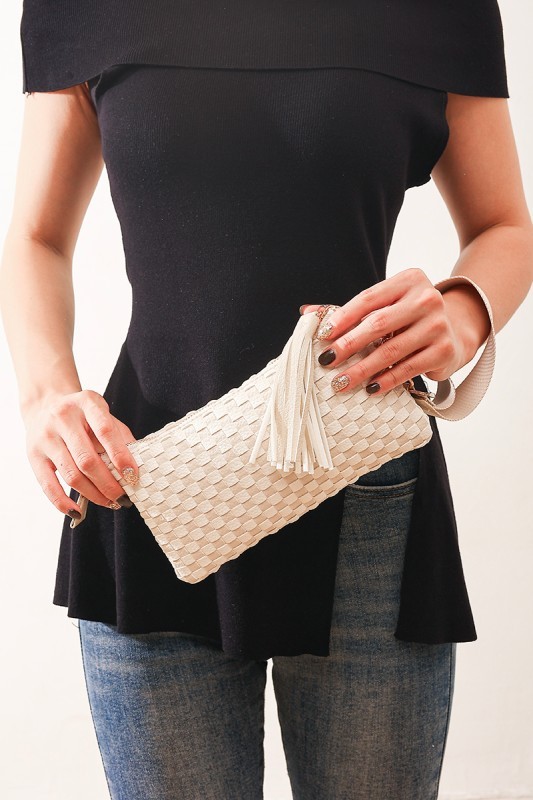 Beige Woven Wristlet Clutch