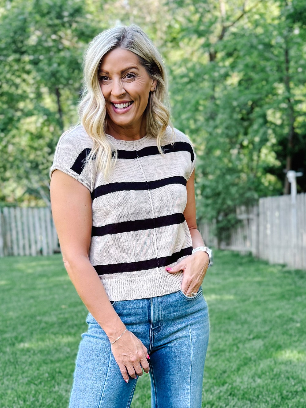 Everyday Ease Striped Lightweight Knit Top, Khaki