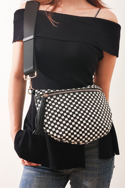 Black Checkered Woven Bum Bag