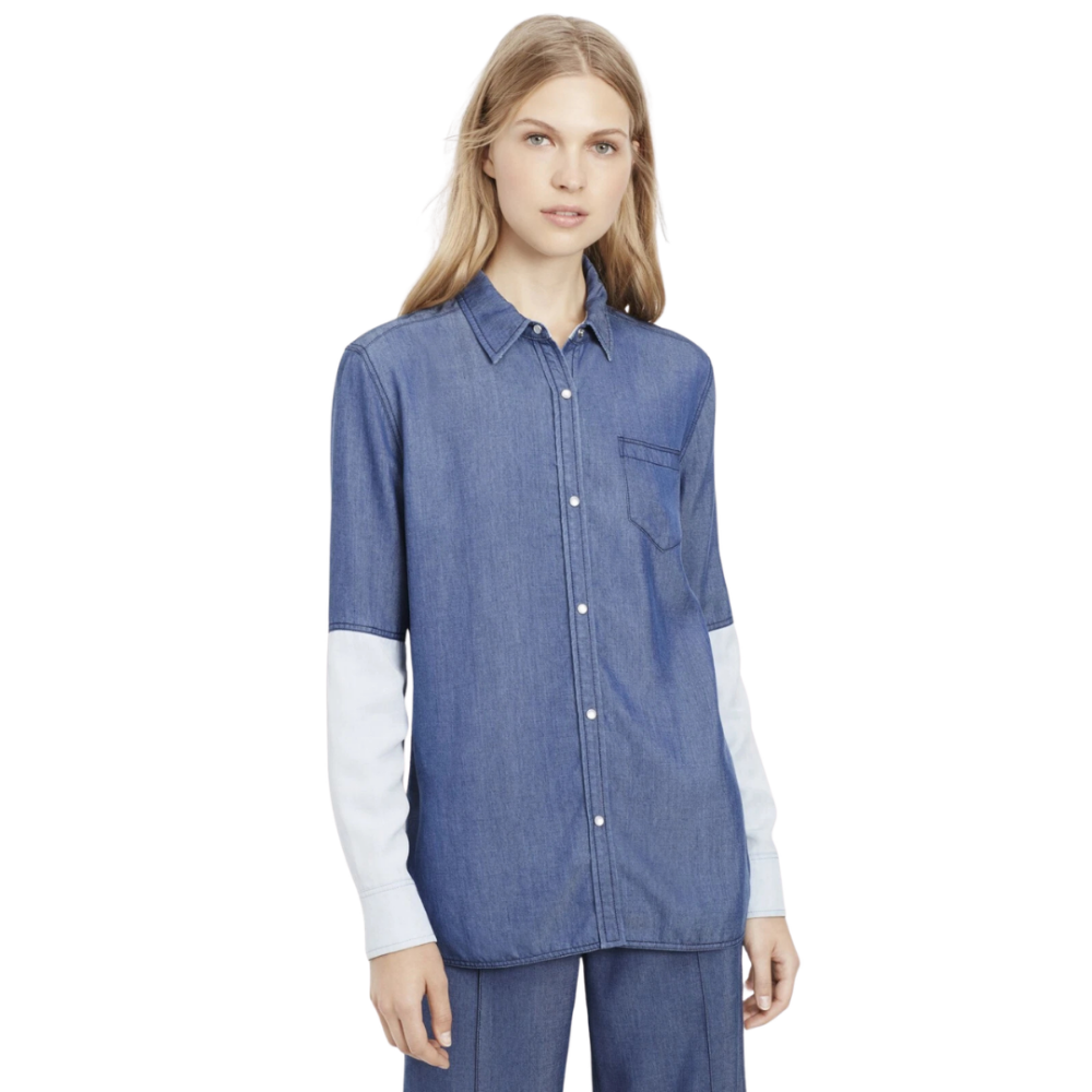 VINCE Two Tone Pearl Snap Button Chambray Top Med