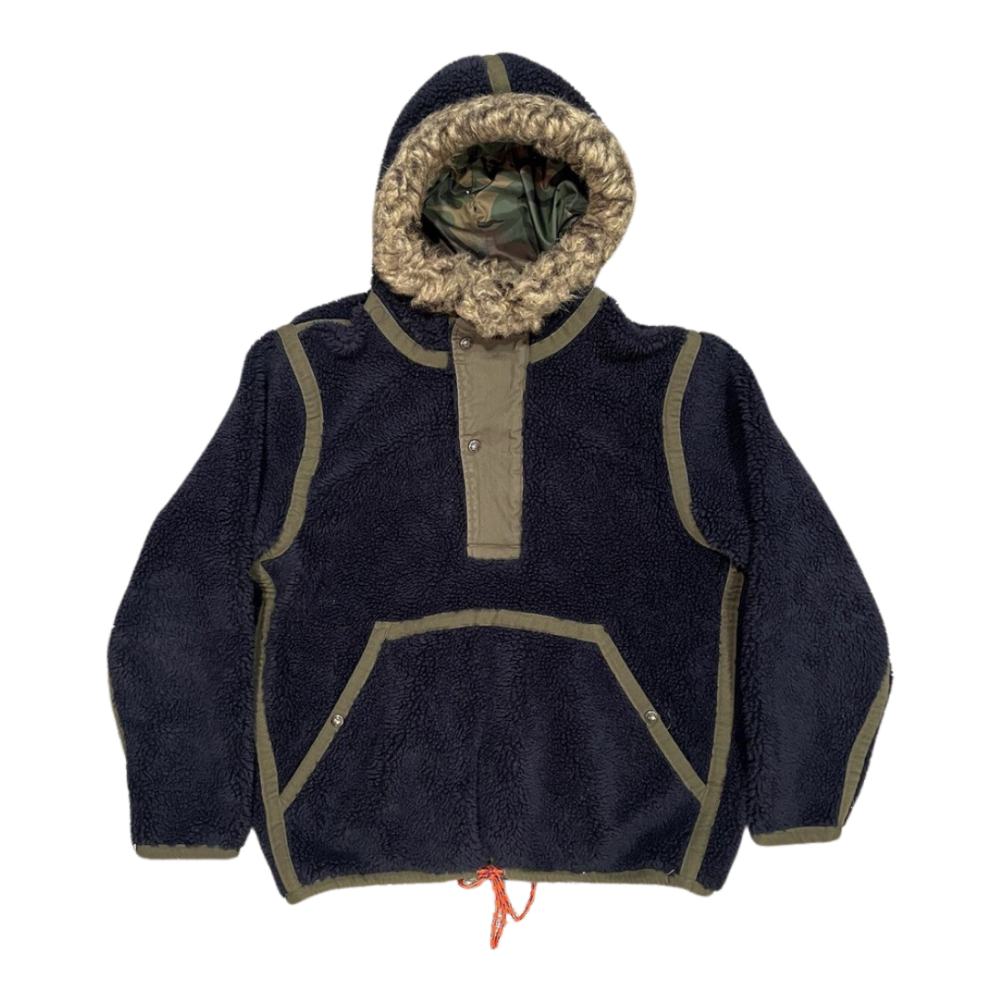 RALPH LAUREN Pullover Hoodie Fur Trim Navy Large