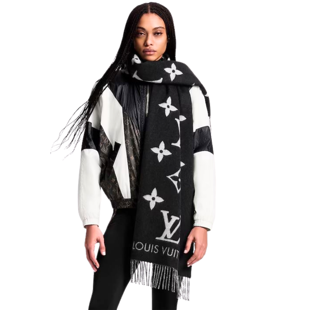 LOUIS VUITTON 100% Cashmere Reykjavik Scarf Black Grey
