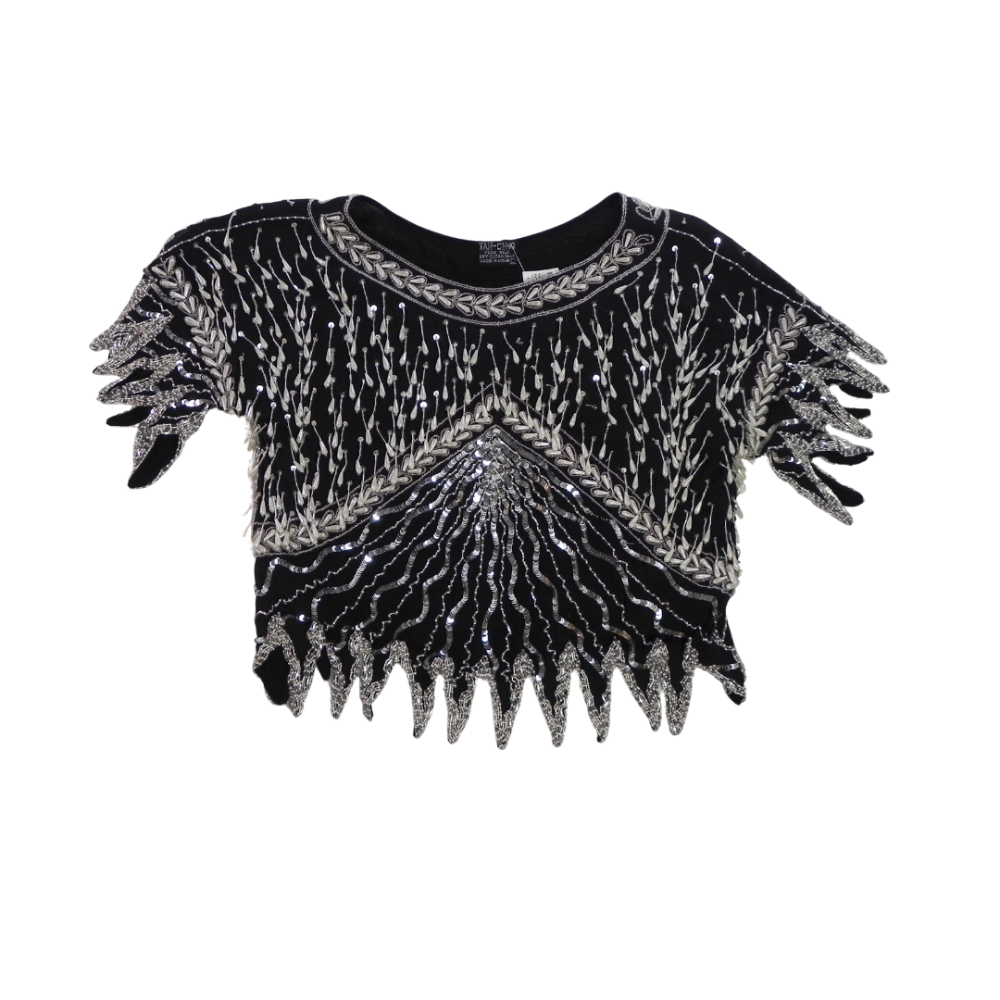 TAN CHHO Vintage Pure Silk Full Beaded Top Black Silver L