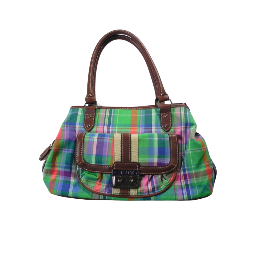 CHAPS Plaid & Leather Trim Bag Multi Color Green
