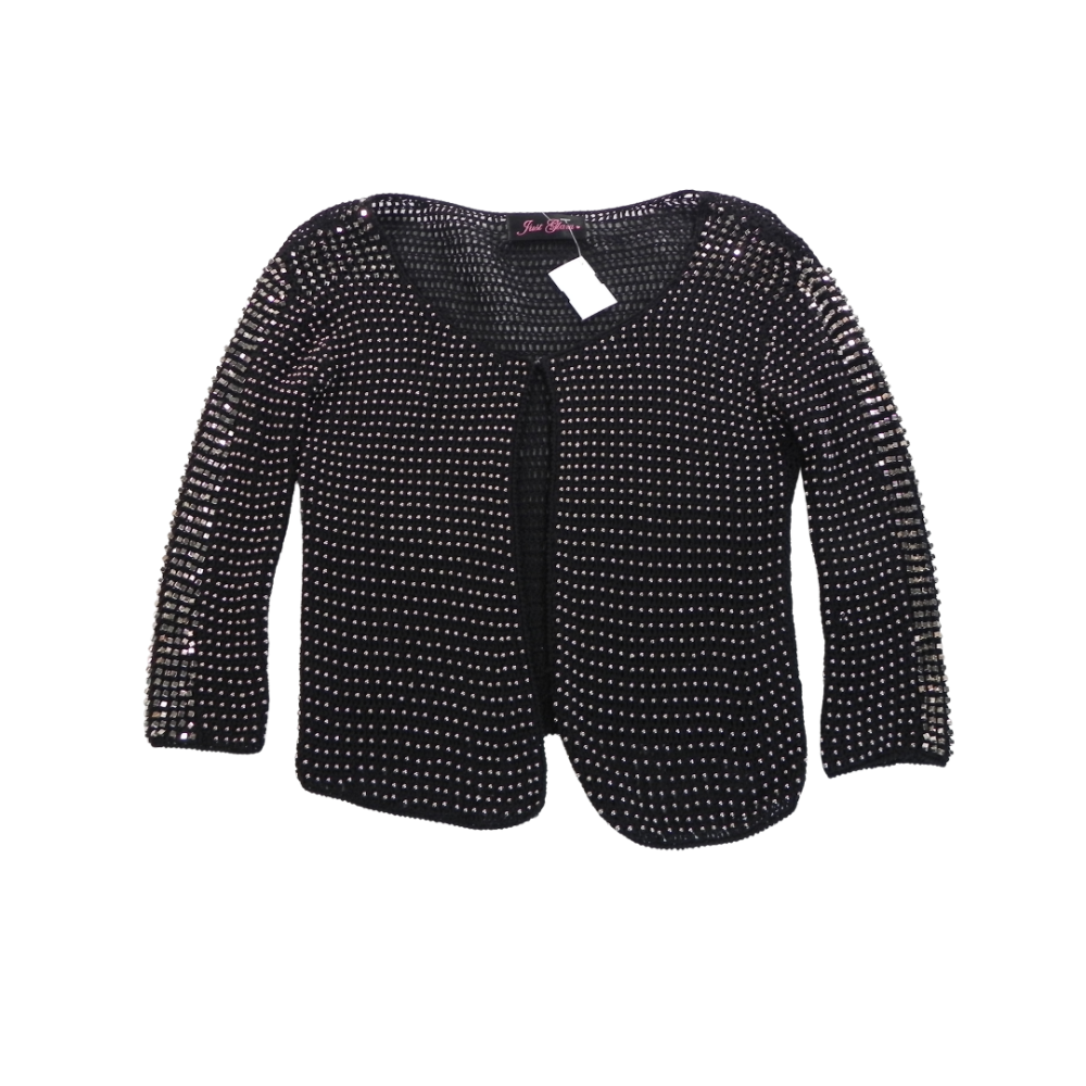 JUST GLAM Vintage Crochet Full Beaded Cardi Silver Sm