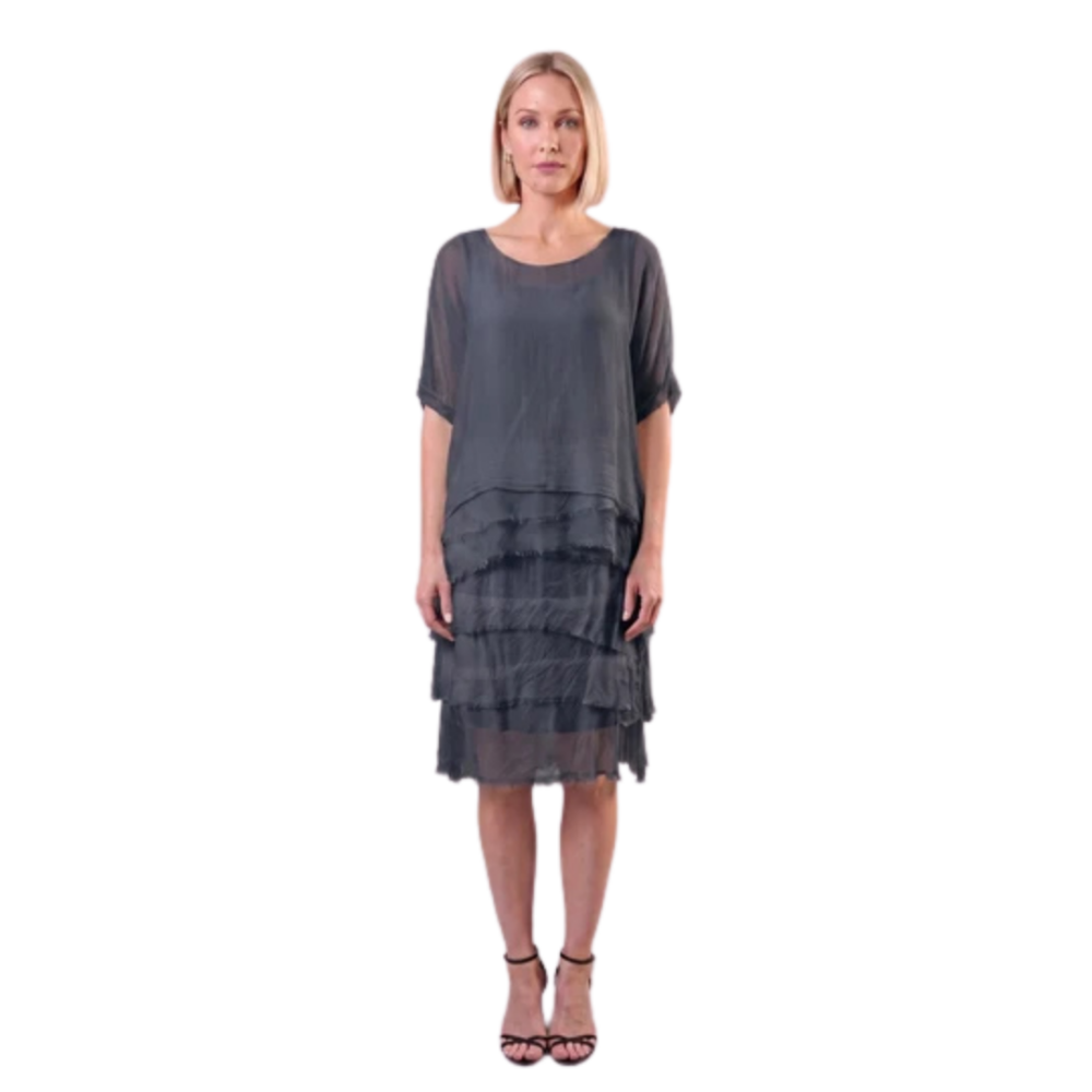 TINA STEPHENS 100% Silk Raw Hem Layered Skirt Grey M