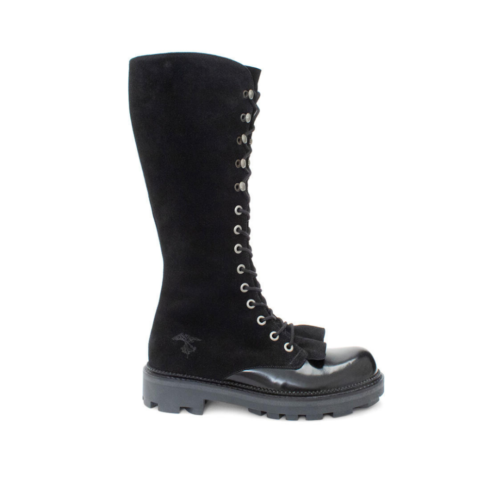 JOHN FLUEVOG Duffy Leather Ruffle Tongue Boot Black 10.5