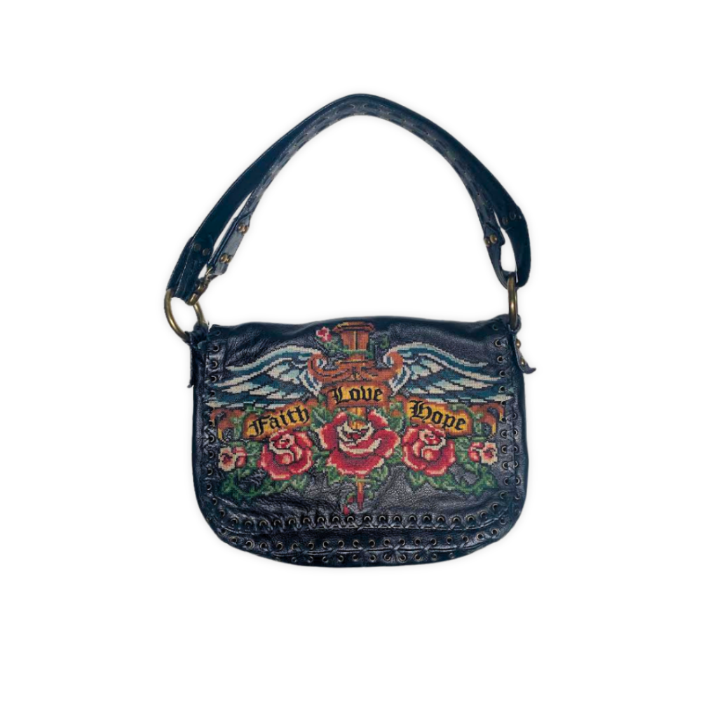 ISABELLA FIORE Needlepoint  Leather Bag Black