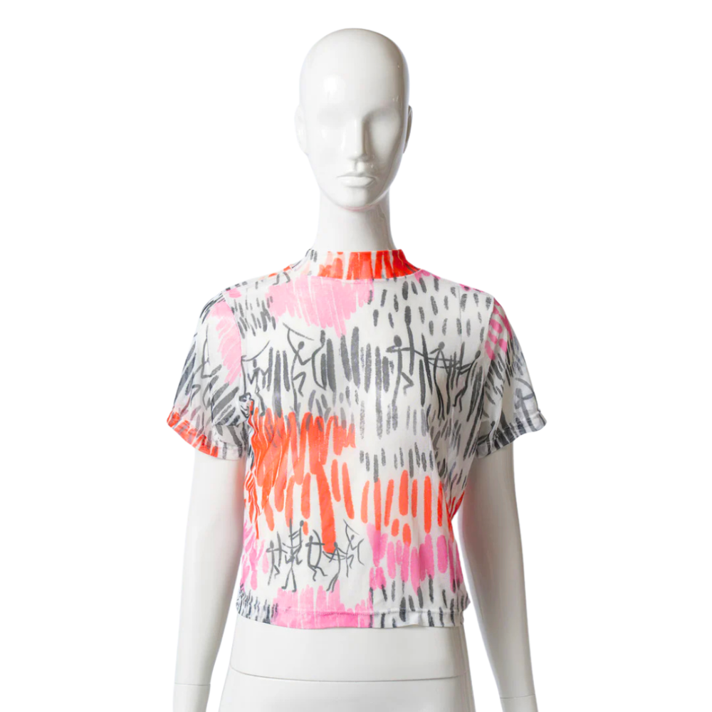 CIRCÉ Mock Neck Graphic Mesh Tee Pink/White M