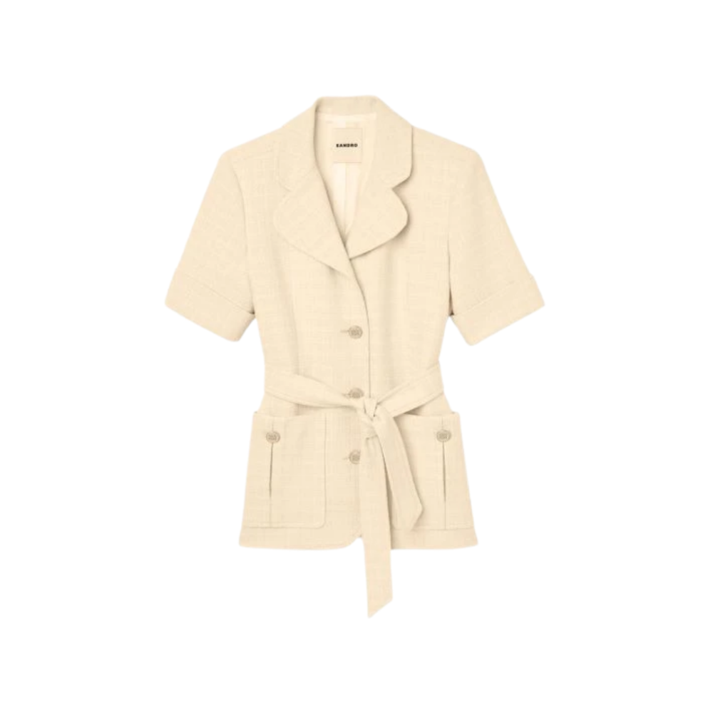 SANDRO Truman Belted Tweed Jacket Cream 34