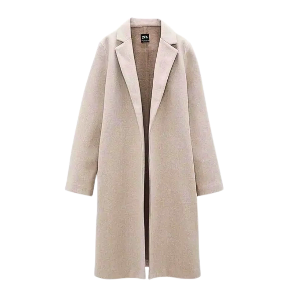 ZARA Open Lapel Coat Long Oatmeal Large
