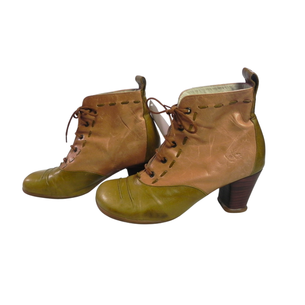 FLUEVOG Bartoli Leather Brown Green Ankle  Boot 6.5