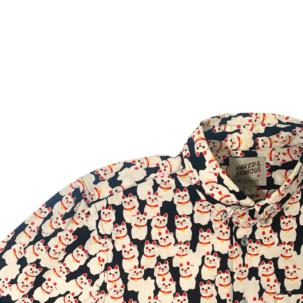 NAKED & FAMOUS Cat Print Linen Blend  Button Up Med