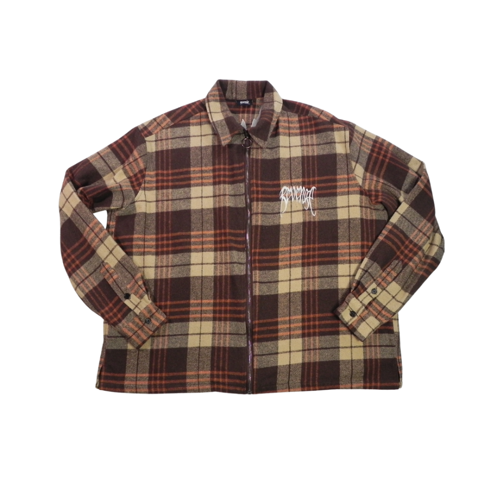 REVENGE Crop Embroidered Flannel Zip Brown Large