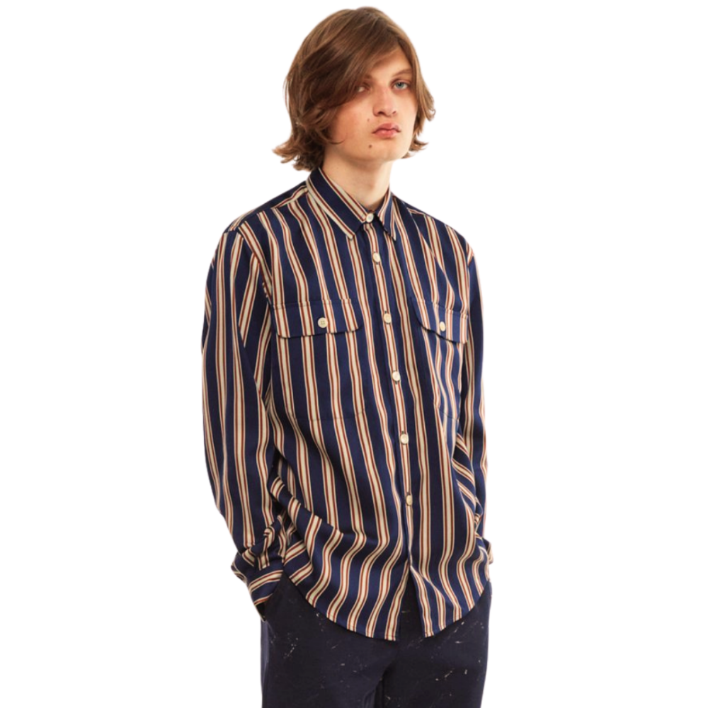 SCHNAYDERMAN'S Striped Button Down Navy Med