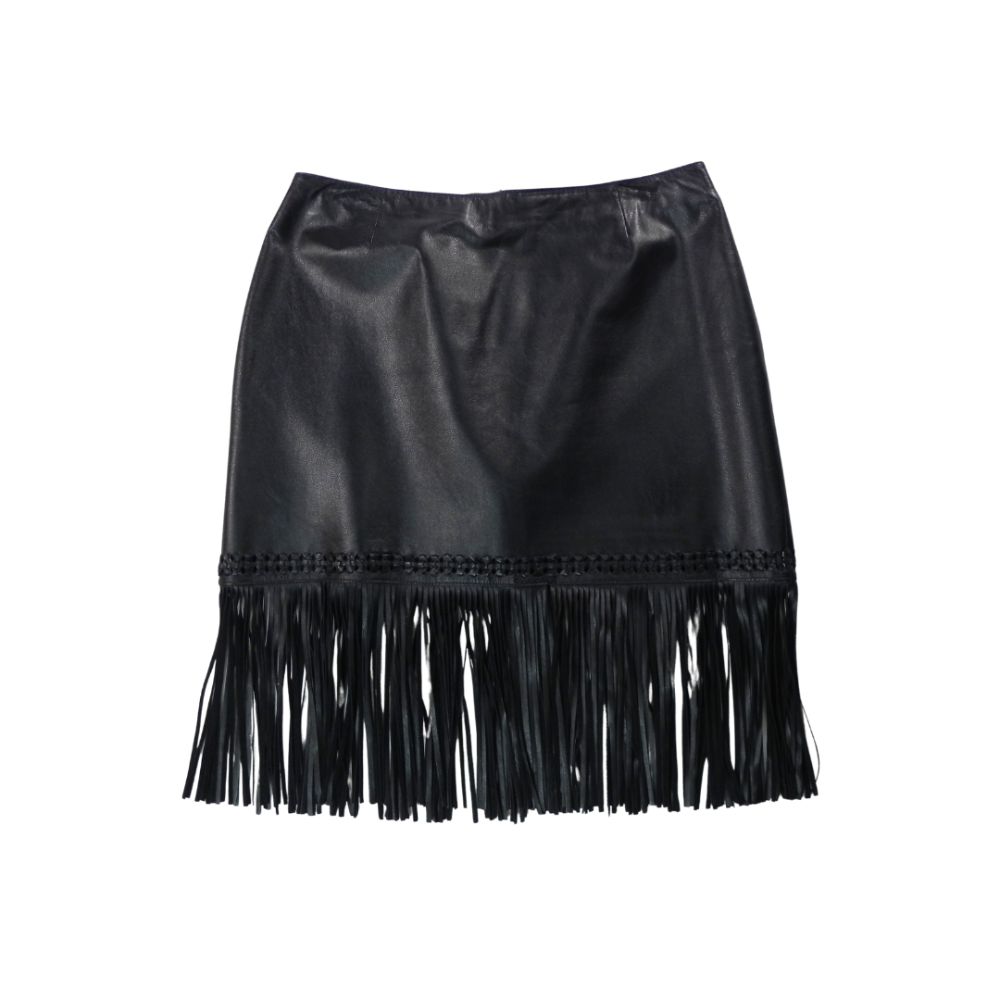 DANIER Leather Braided Fringed Mini SKirt Black 10