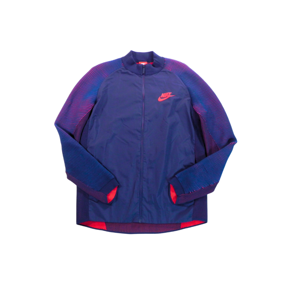 NIKE Ribbed Knit Sleeve Hybrid Zip Up Navy Med