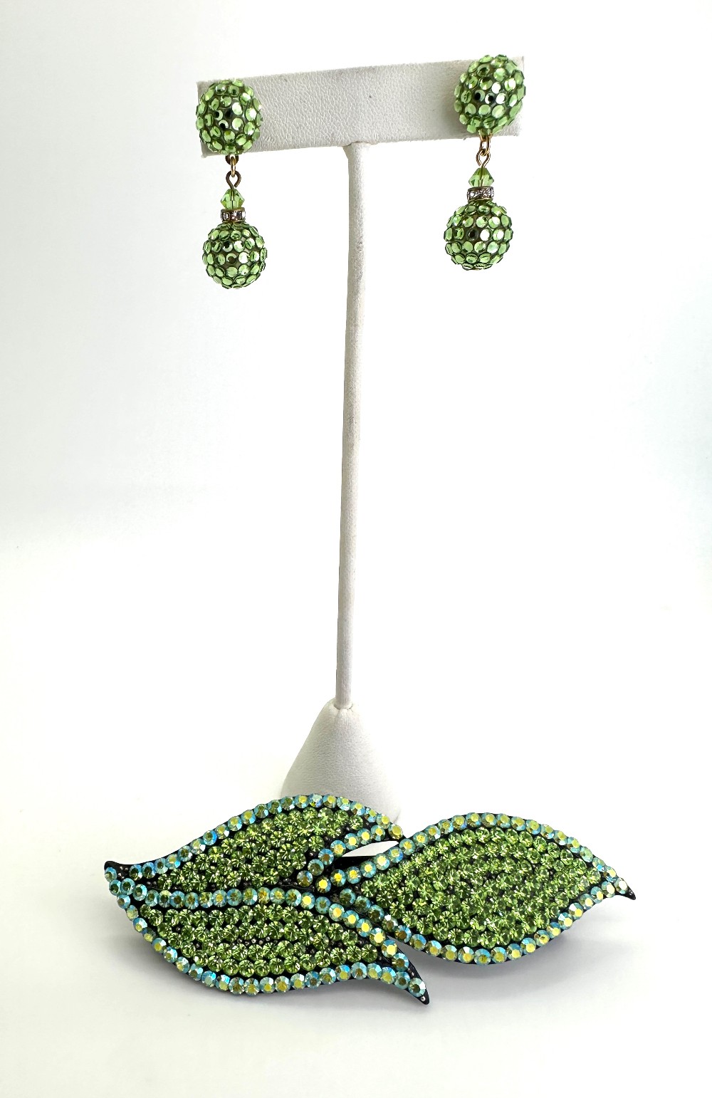 Peridot Crystal Leaf Barrette and drop earring set