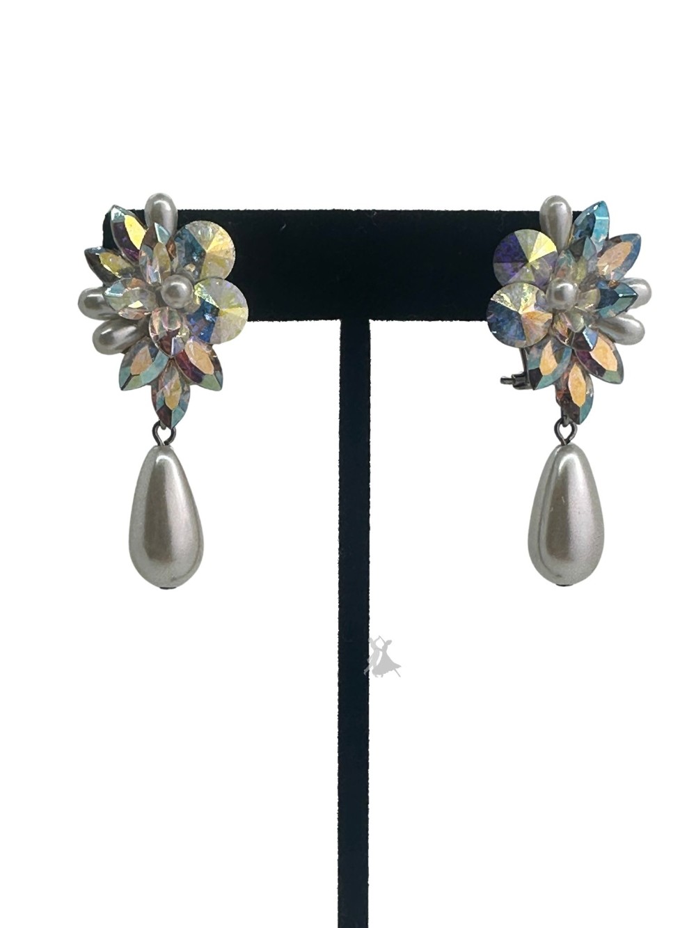 Fancy AB Crystal and Pearl Drop Earrings - pierced