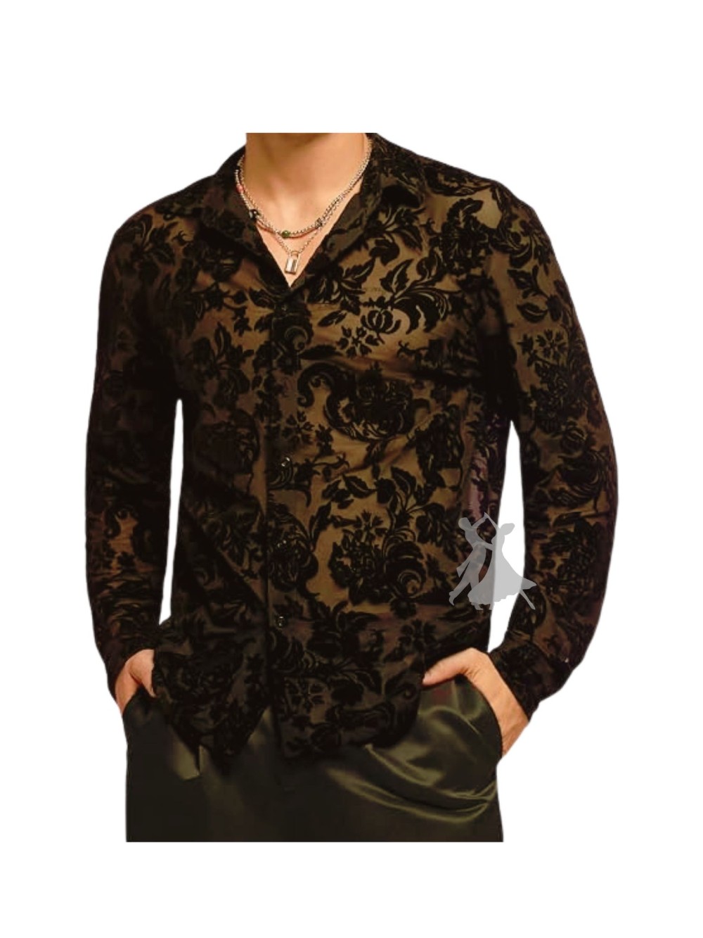 Solano - Sheer Mesh w Floral Pattern Latin Dance Shirt