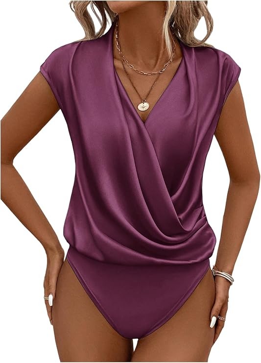 Women's Cap Sleeve Draped Ruched Faux Wrap Body suit