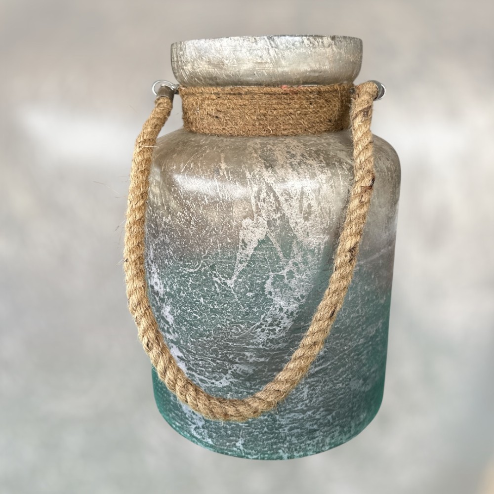 Large Crackled Silver Jar with Jute Handle