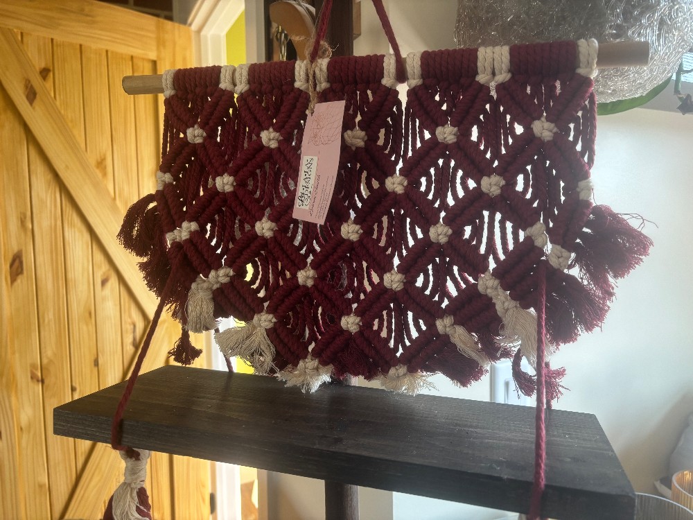 Maroon & white macrame shelf