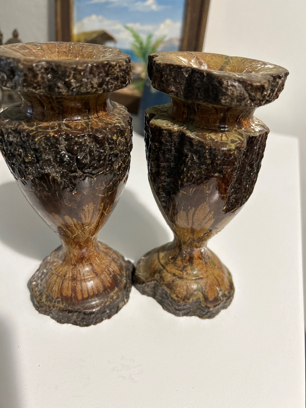 Pair (2) Chrysanthemum Wood Candle Holders