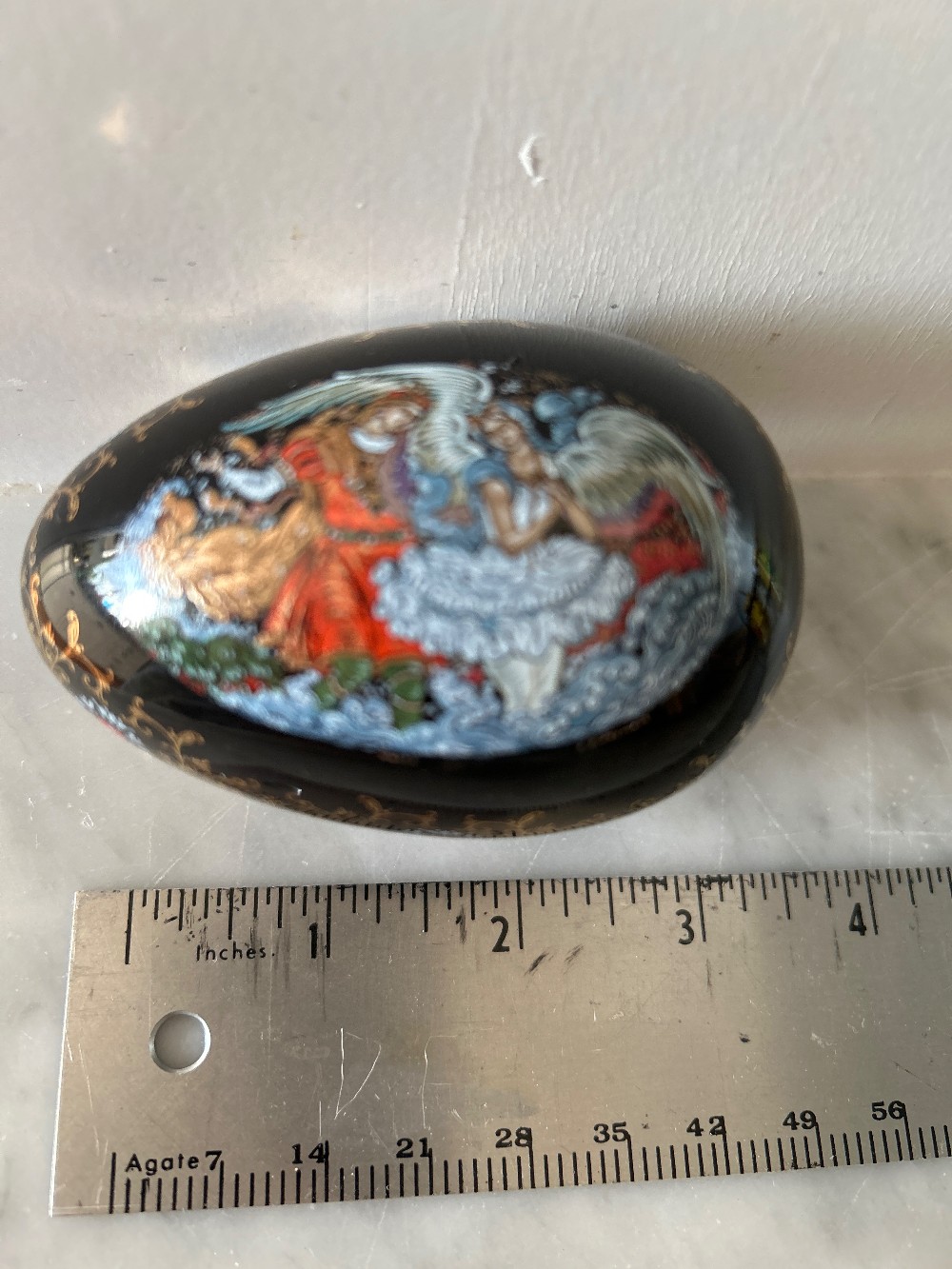 Rare Palekh Porcelain Swan Lake Music Box / Egg with Gold