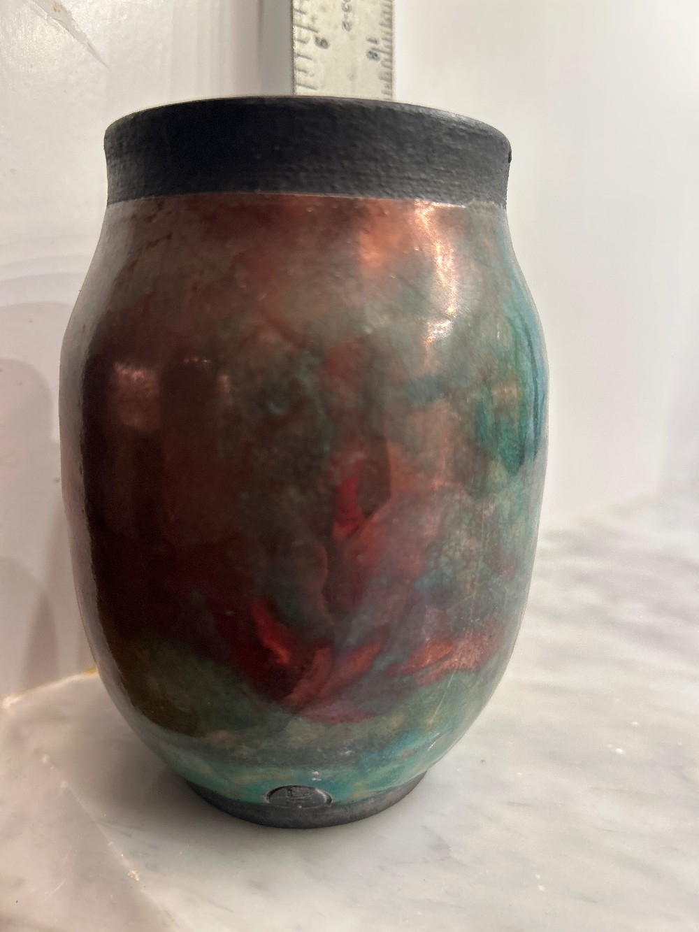 4 1/2” SIGNED IRIDESCENT RAKU VASE
