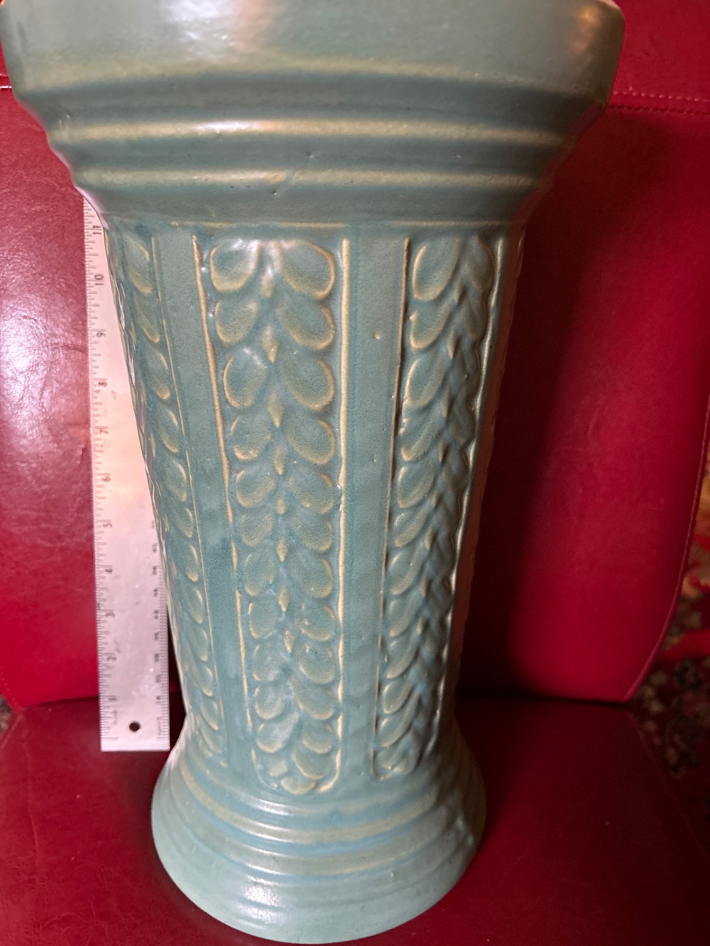 14” Art Deco Celadon Vase—Leaf Pattern