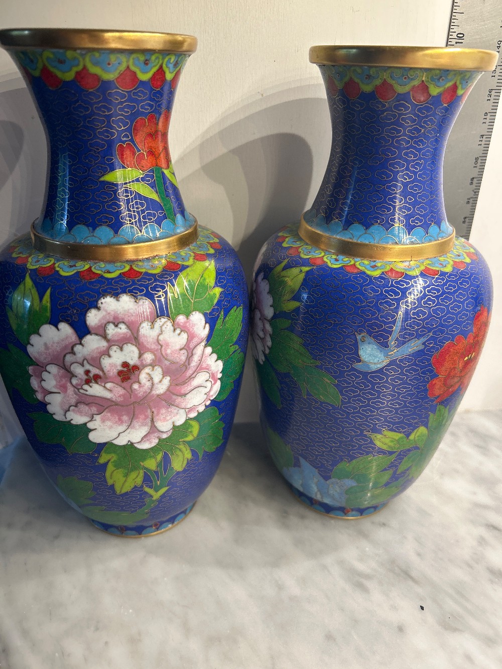 Pair (2) 10” Cloisonné Cobalt Blue Mirrored Vases