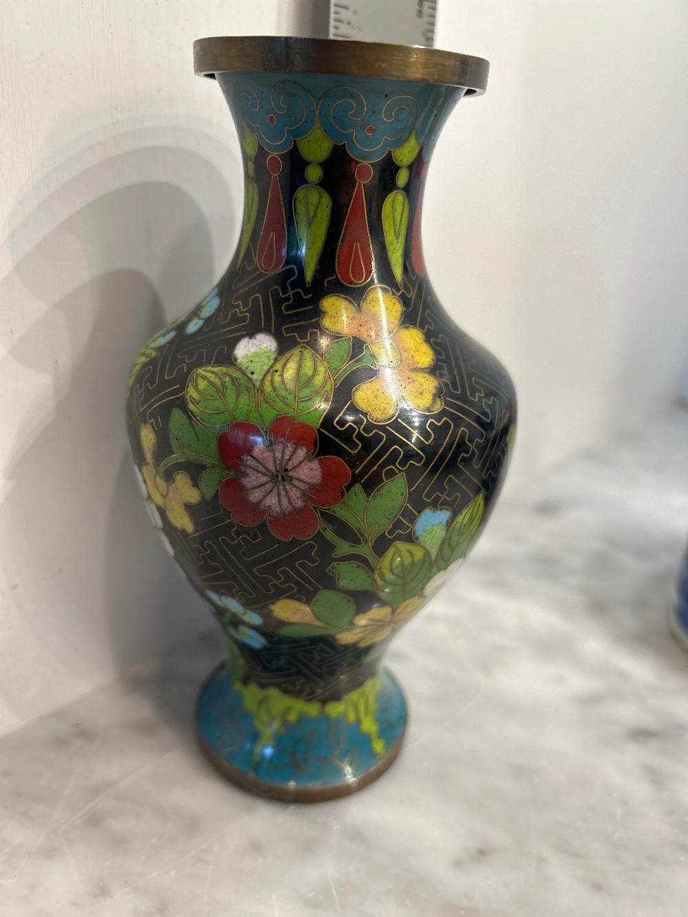 6 1/2” Cloisonné Enamel/Brass Floral Vase-Black