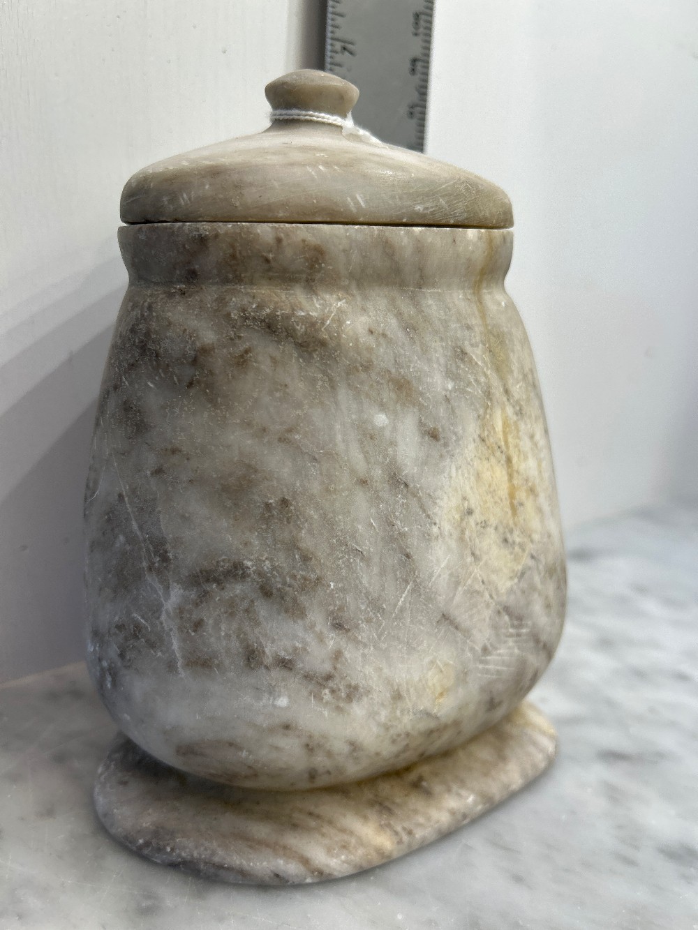 Antique Handmade Carved Alabaster stone lidded jar