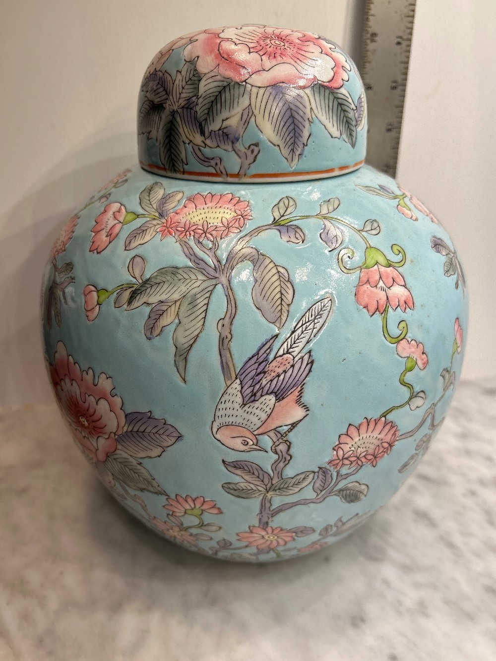 10” Hand Painted Porcelain Ginger Jar Birds/Floral Pastel