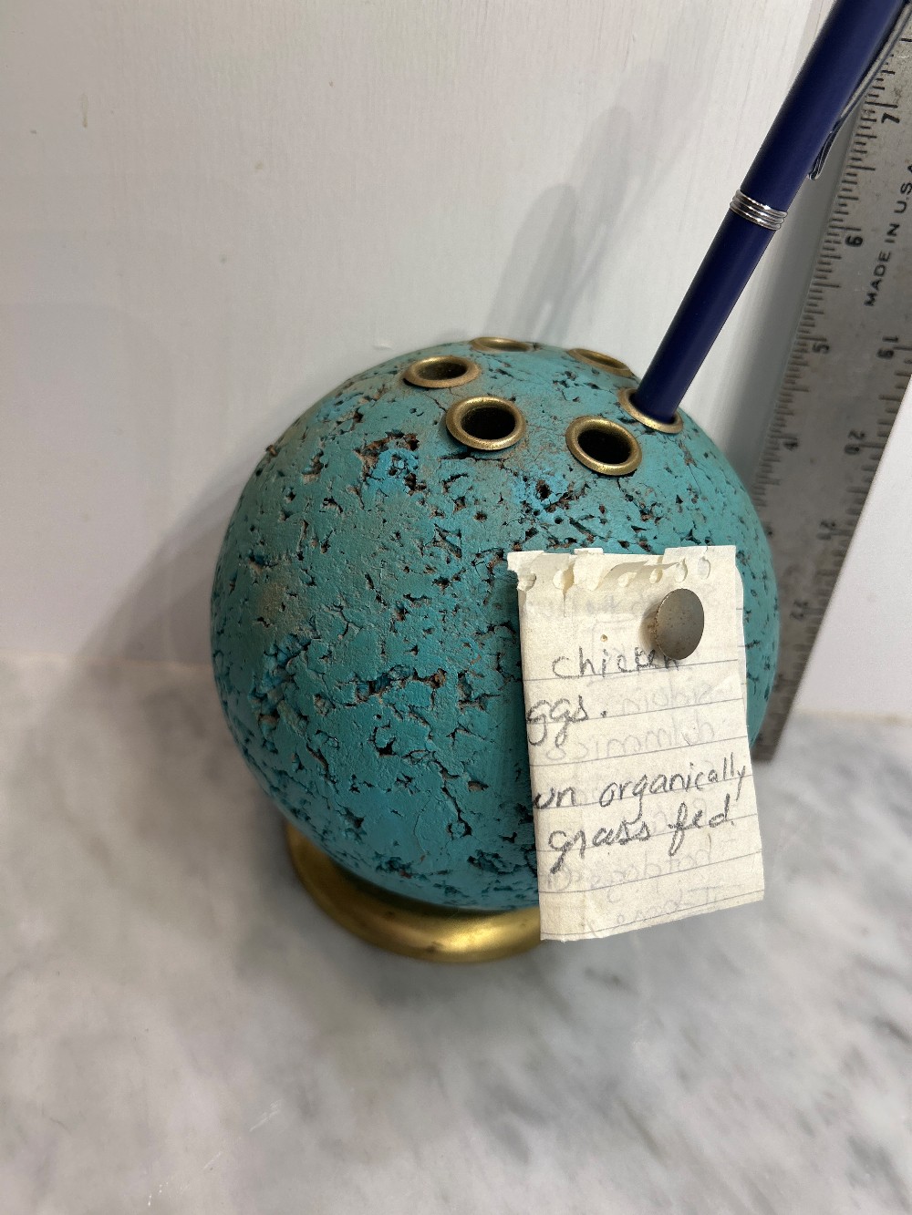1970s Cork Ball Pen Holder: Pat Bulletin Desk Organizer