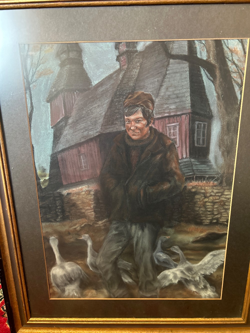 26x20” Naive Folk Art Pastel “Farmer & His Ducks”